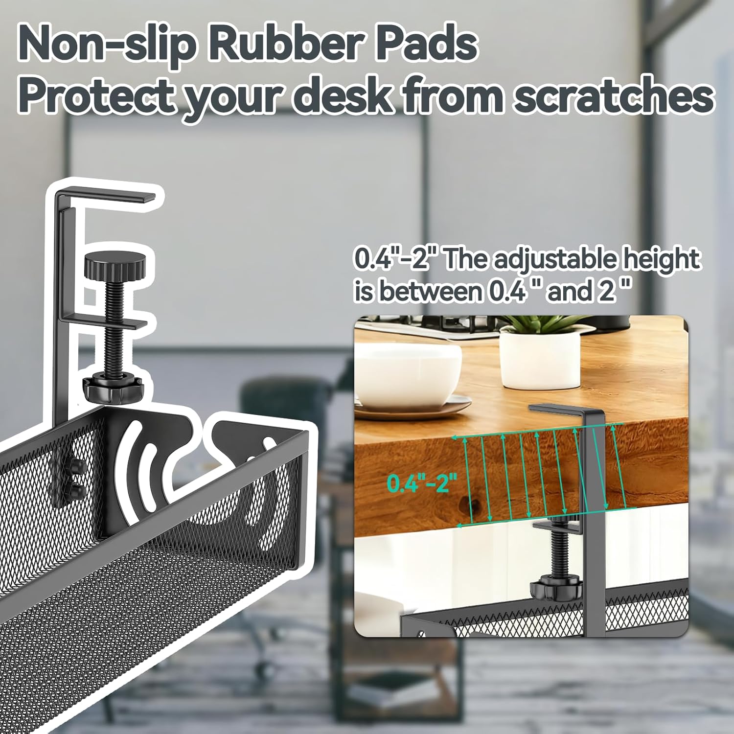 Detalle de Cable Management 25.3'' Under Desk Tray — No Drill, Metal Cord Organizer with Clamp