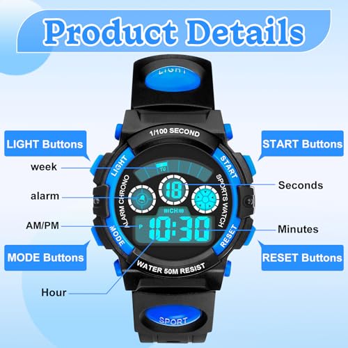 Thumbnail 4 de DTKID Digitale Kinderuhr – 7-Farben-LED, Stoppuhr, Wecker, Datum, 5 ATM wasserdicht