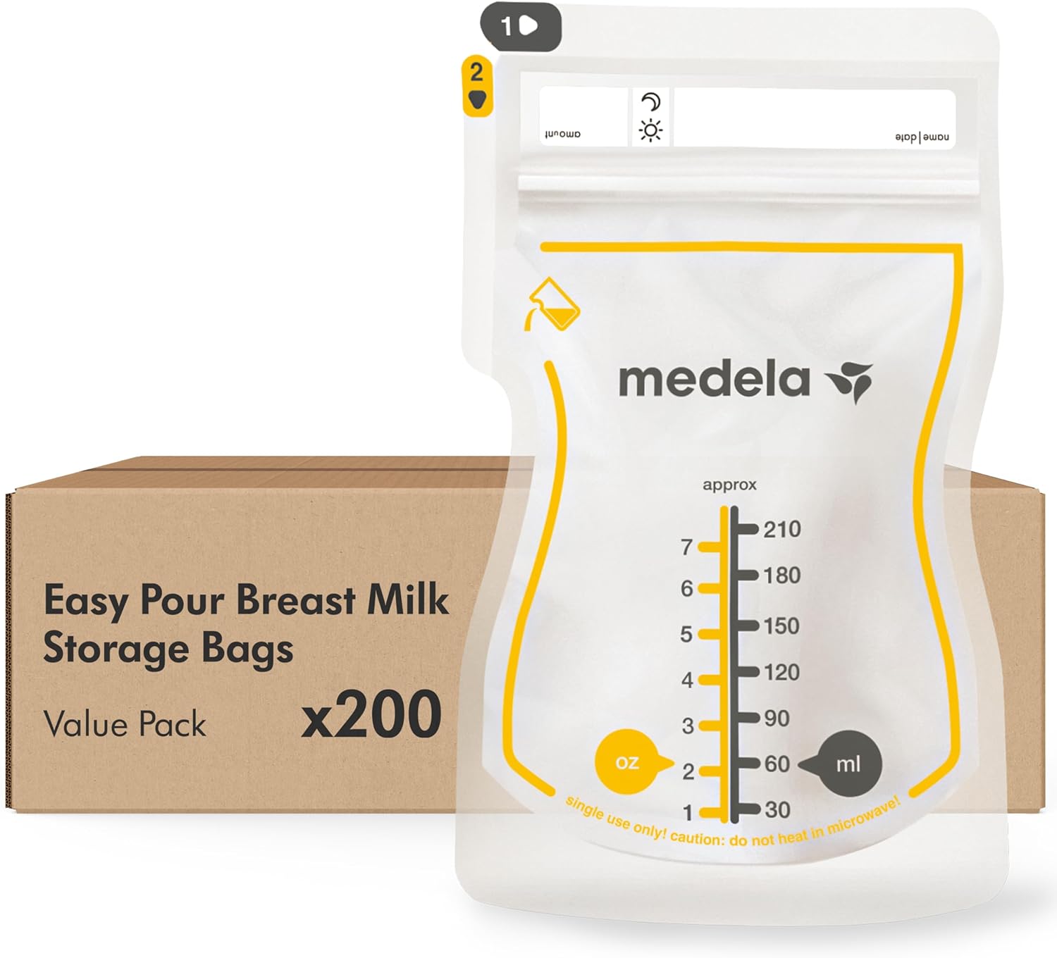 Detalle de Medela Sacche Monouso Easy Pour: Conservazione latte materno da 210 ml, 200 pezzi, design anti perdita