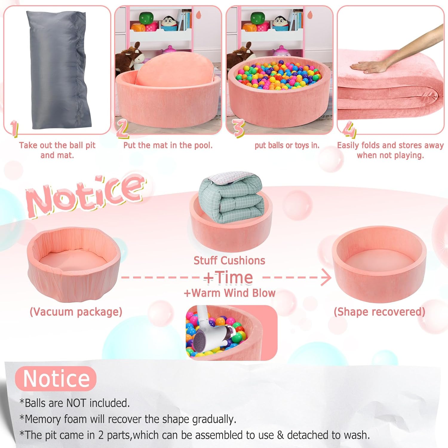 Thumbnail 6 de Foam Baby Ball Pit (35.4 x 11.8 in) Memory Sponge with Zip-Off Cover, Pink—Balls Not Included