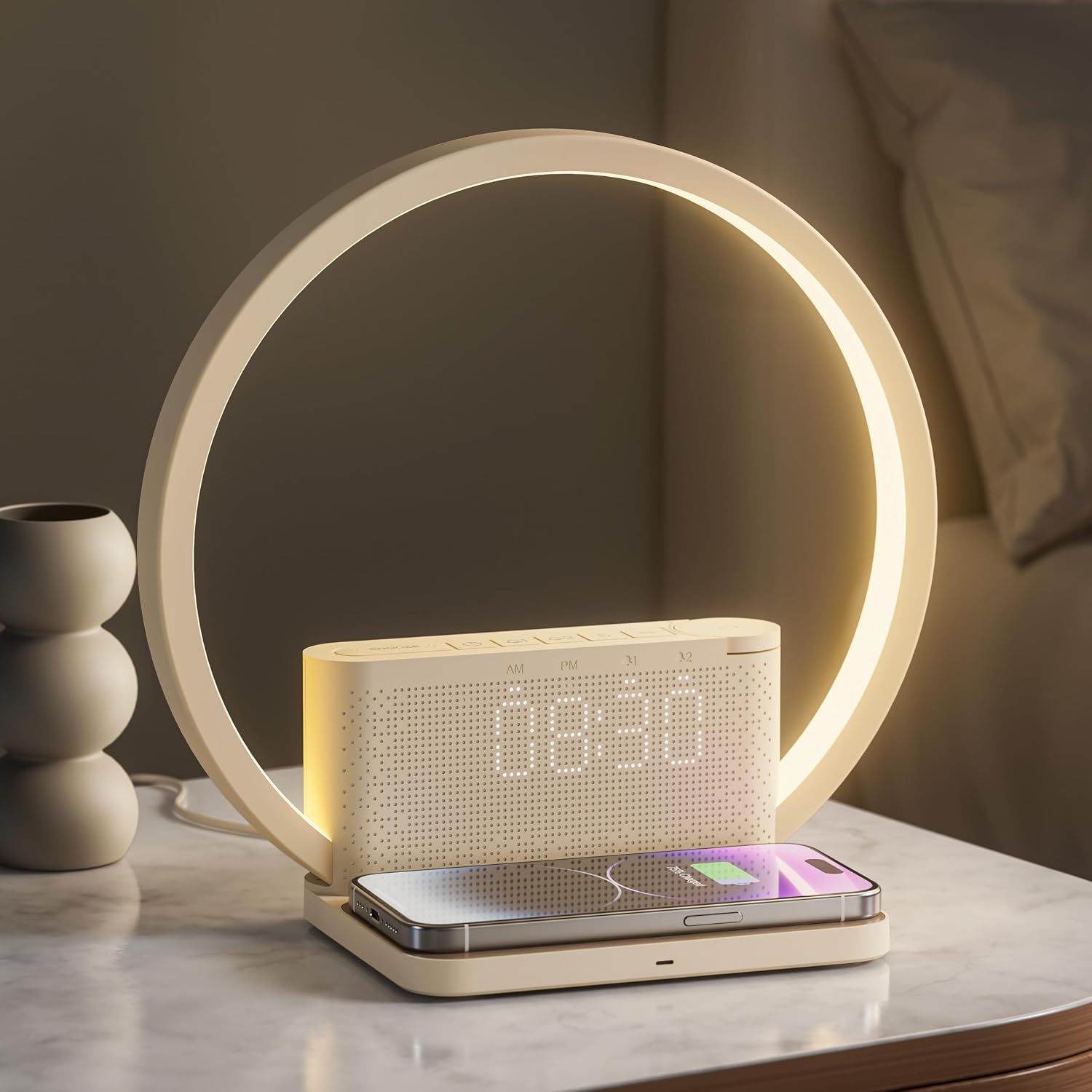 Detalle de blonbar Alarm Clock & Wake-up Light (Beige) – Sunrise Lamp with Dual Alarms and Wireless Charge