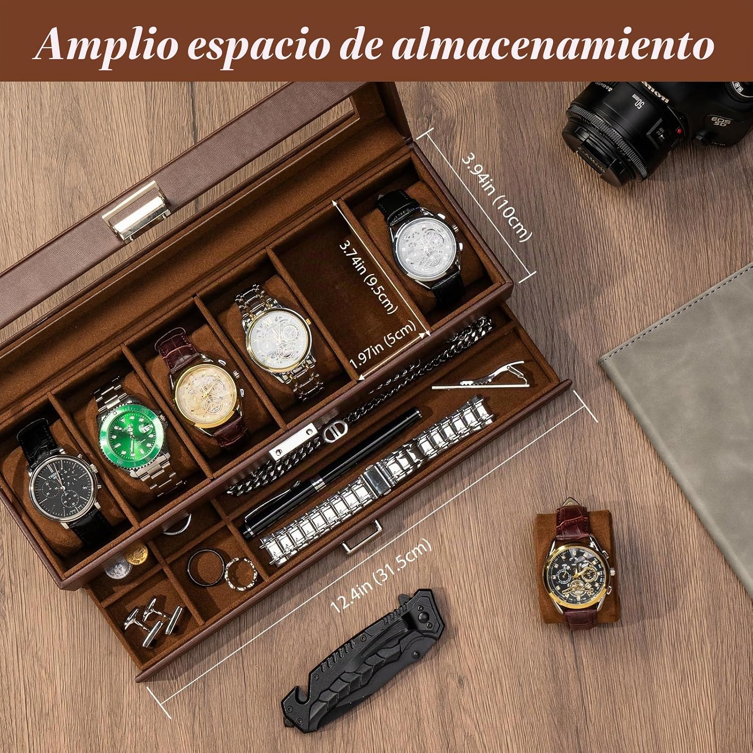 Thumbnail 1 de ProCase caja de relojes de 6 ranuras con cajón y tapa de cristal (2 capas) – café