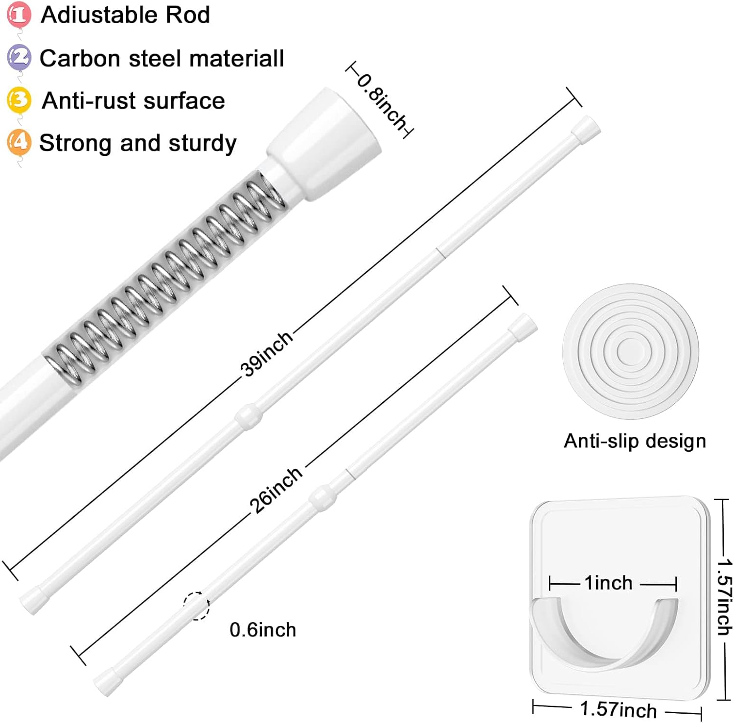Thumbnail 2 de AIZESI 2-Pack Spring Tension Rods (Adjustable 26–39 in) for Curtains, Doors & Windows — White