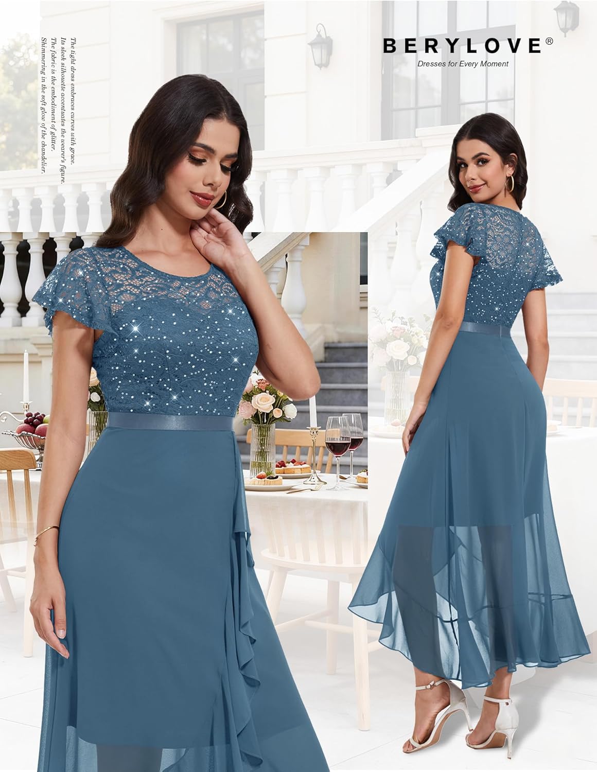Thumbnail 2 de BeryLove Lace Long Prom Dress for 2026 Wedding Guests with Slit, High-Low Hem & Semi-Sheer Back