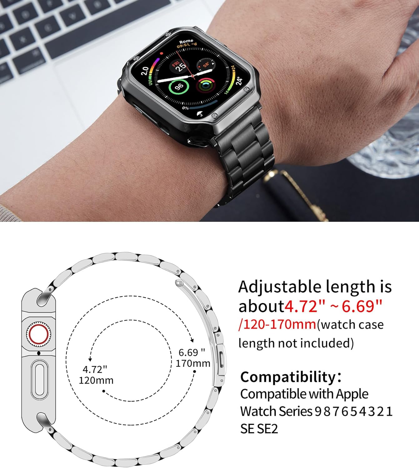 Detalle 2 de BINLUN Stainless Steel Apple Watch Strap with TPU Case (49mm/46mm/45mm/44mm/42mm/41mm/40mm/38mm) – Compatibile with iWatch Ultra SE Series