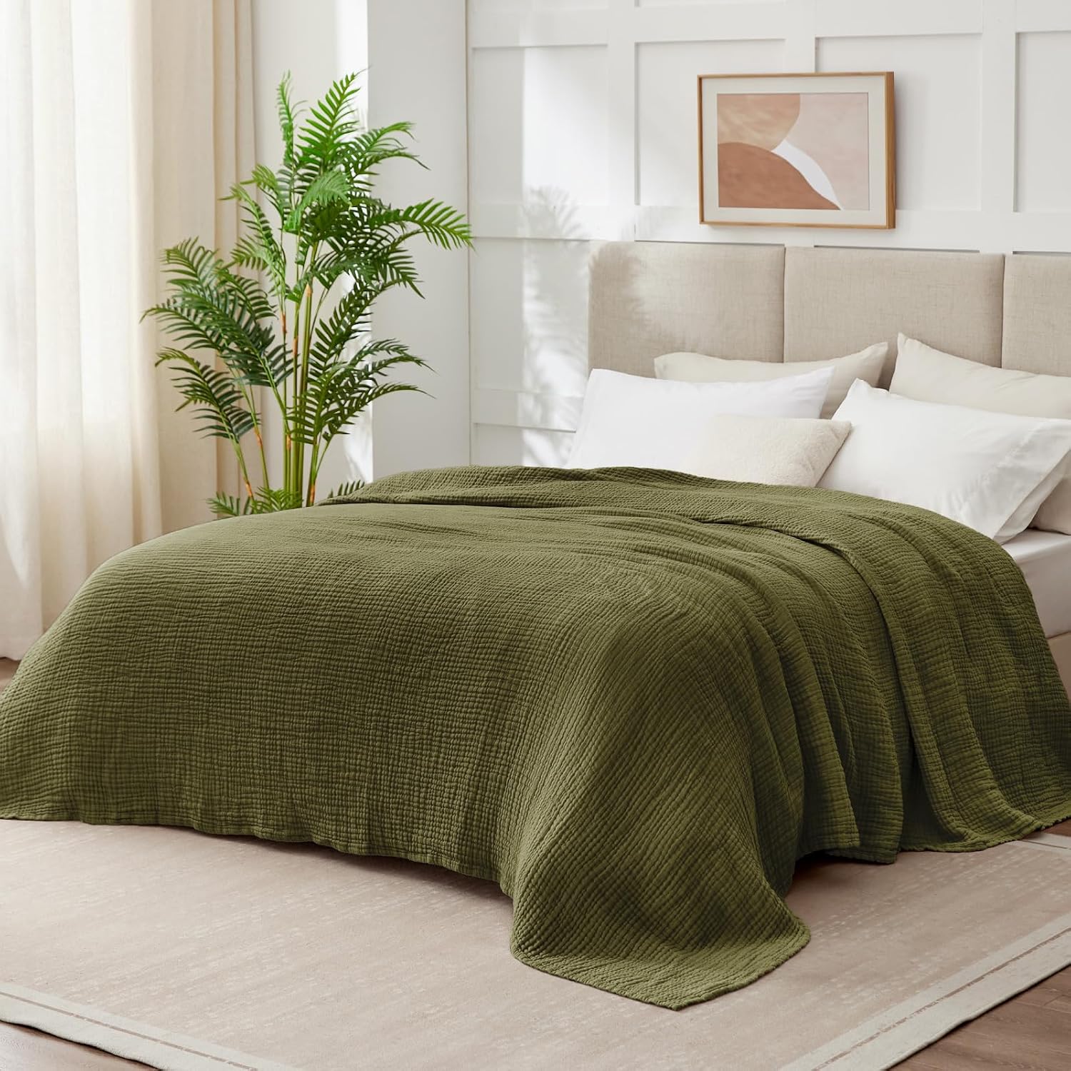 Detalle de Kozyhvn 100% Cotton Muslin Blanket (Twin 66" x 90") in Olive Green