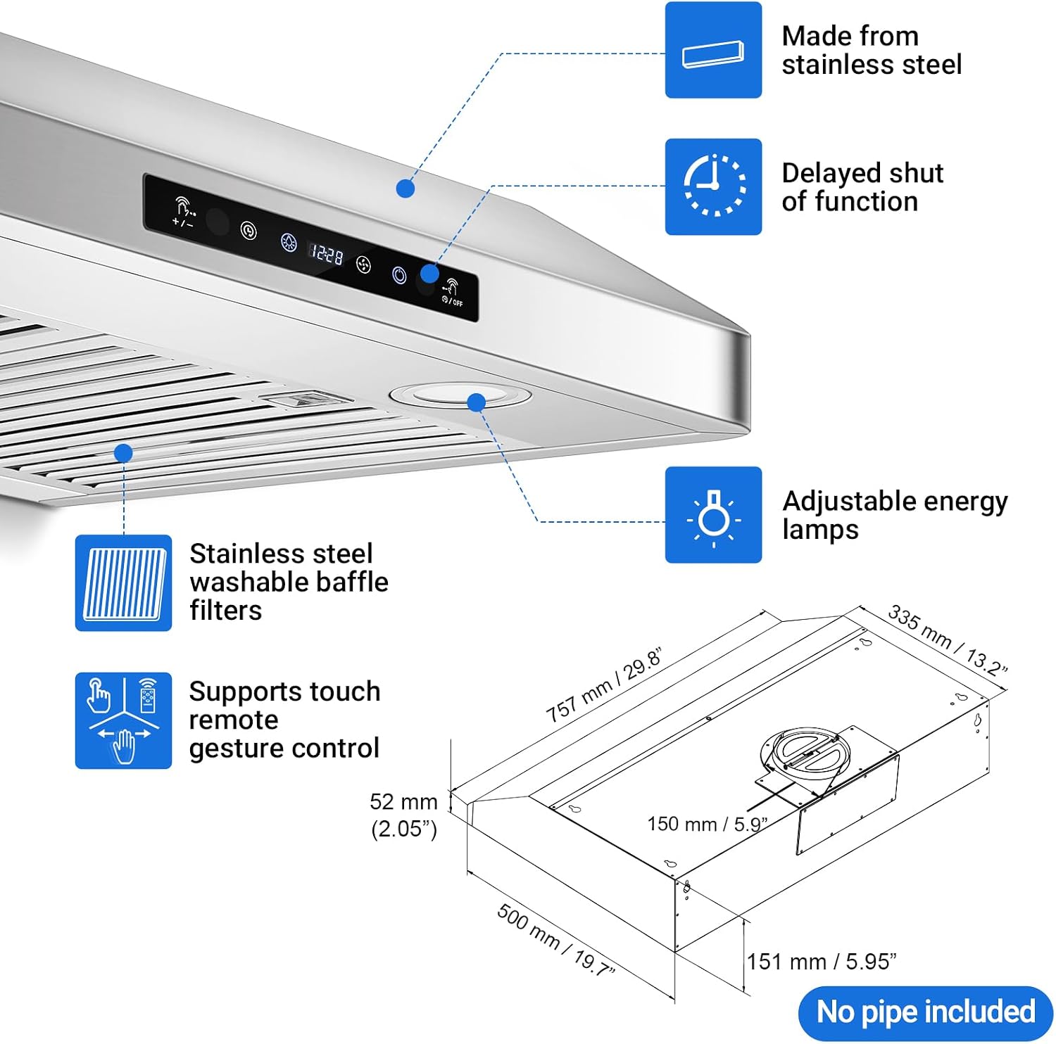 Detalle de AMZCHEF UL-LF0176C1-ST 30-Inch Under-Cabinet Range Hood with Remote Control