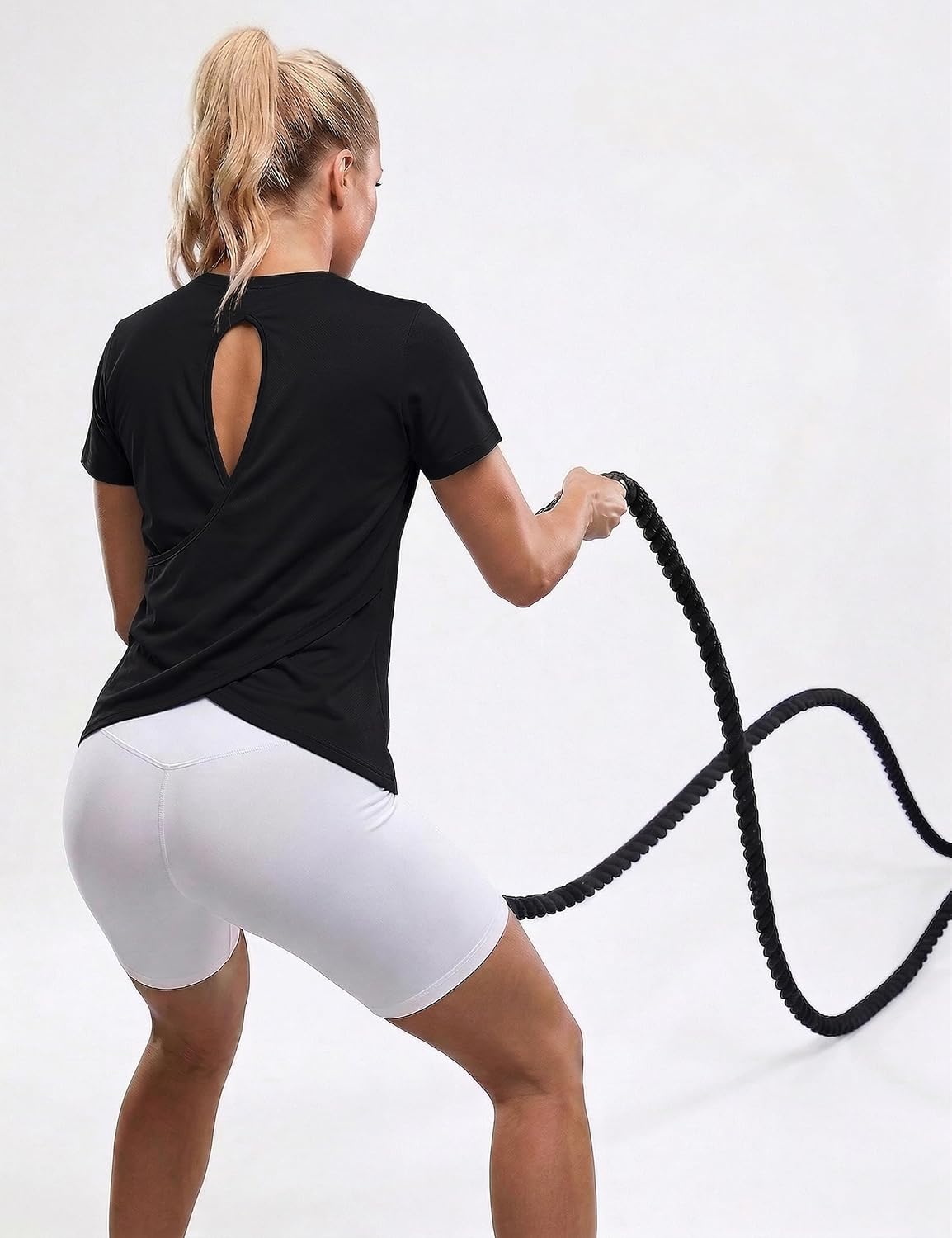 Thumbnail 4 de Wayleb T-Shirt Sport Femme à manches courtes et col rond, dos croisé découpé, tissu léger à séchage rapide (S à XXL)