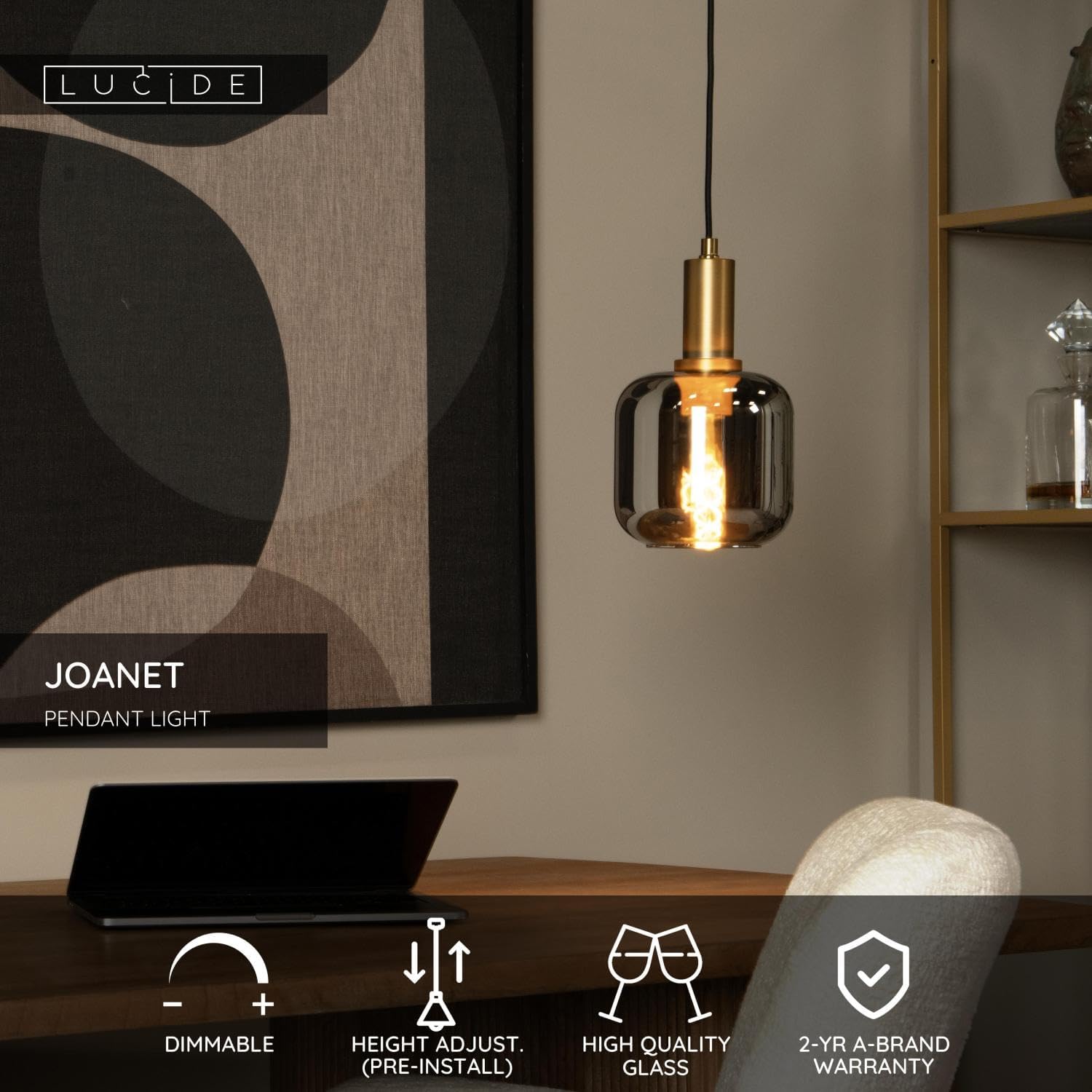 Thumbnail 2 de LUCIDE JOANET – szklana lampa wisząca Ø16 cm, dymne szkło, E27