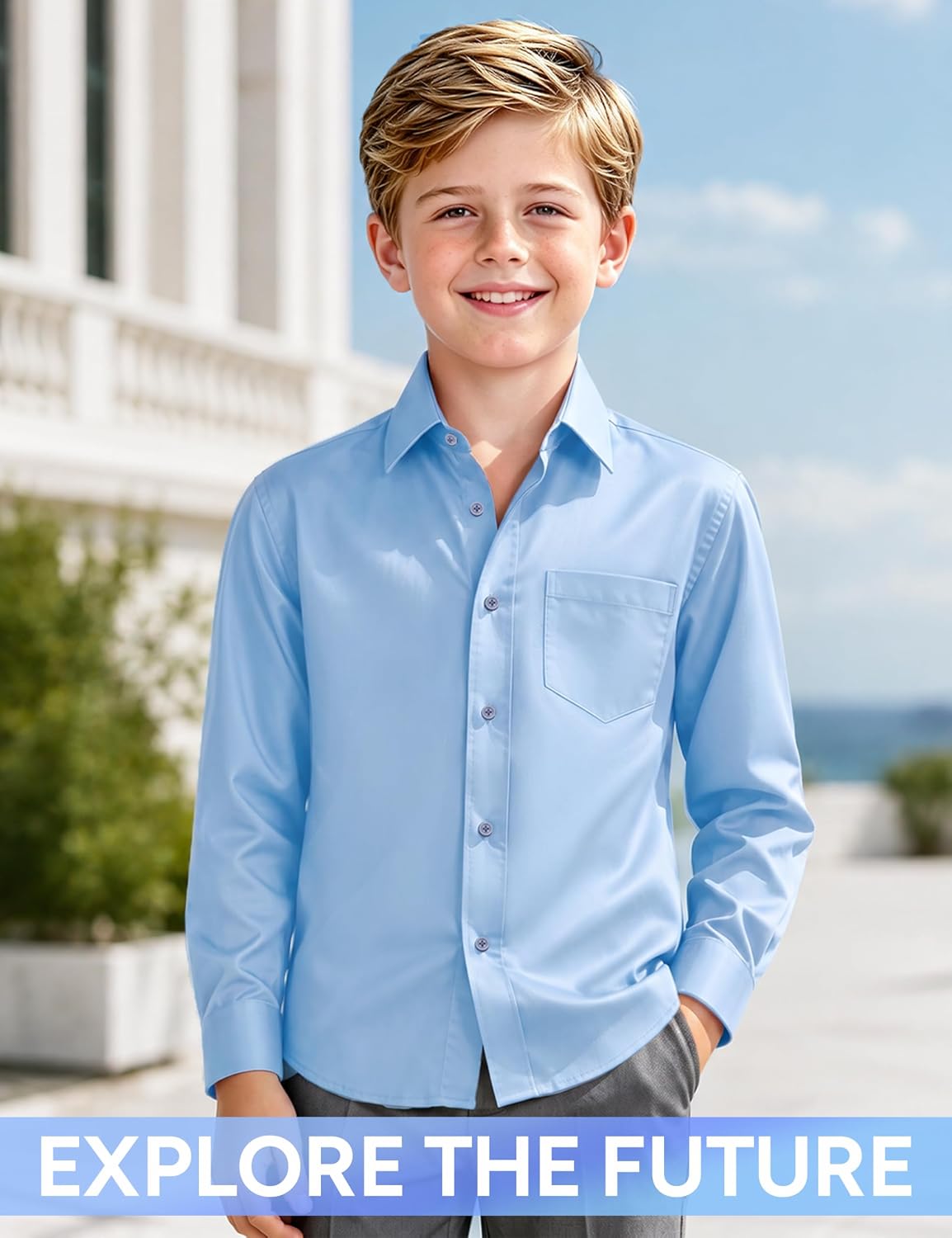 Detalle 2 de Boys’ Dress Shirt Set with Tie, Regular & Husky Fit