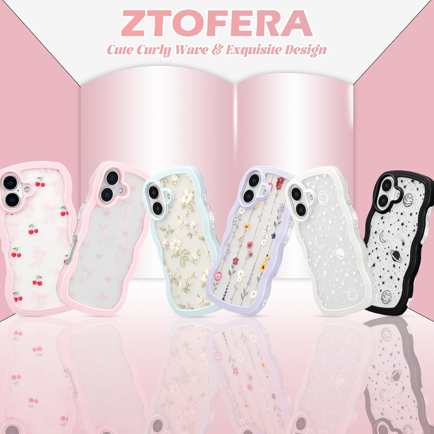 Detalle 2 de ZTOFERA Hülle für iPhone 16 Plus (6,7 Zoll) – Klar mit Kirsch‑Schleife, Harte PC‑Rahmen + Pink