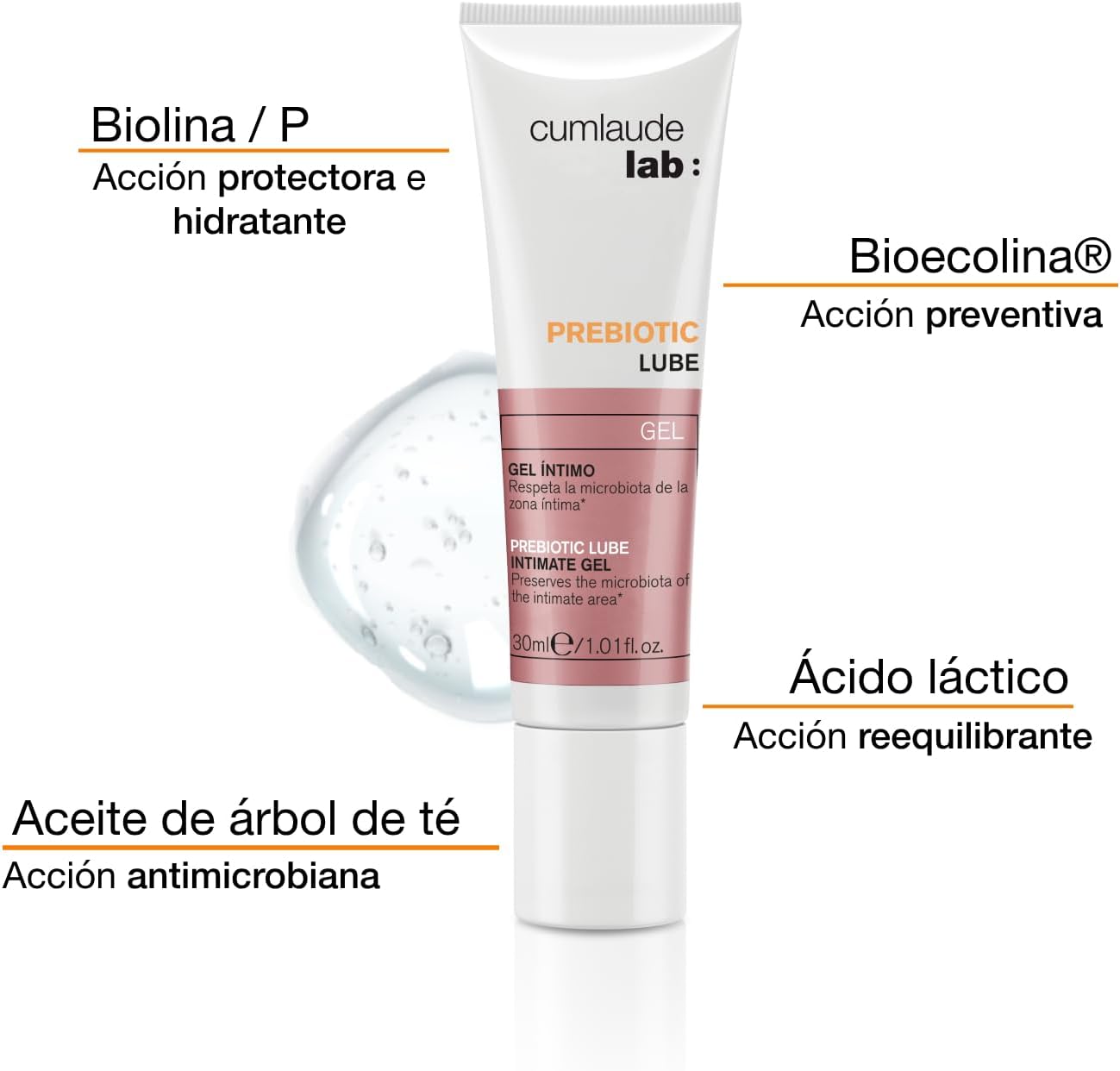 Detalle de Cumlaude Lab Prebiotic Lube – Gel intime à l’huile d’arbre à thé et à l’acide lactique, 30 ml