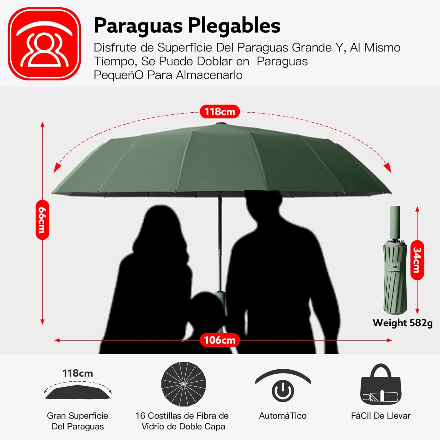 Detalle de LENDOO Paraguas Plegable Automático de 16 Varillas: estabilidad, protección UV y apertura con un toque
