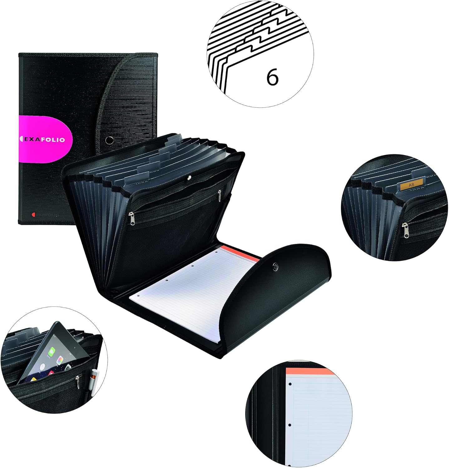 Detalle 2 de Exacompta 55834E Premium Exafolio – 6 Fächer DIN A4 Konferenzmappe, Druckknopfverschluss, integrierter Block (Schwarz)