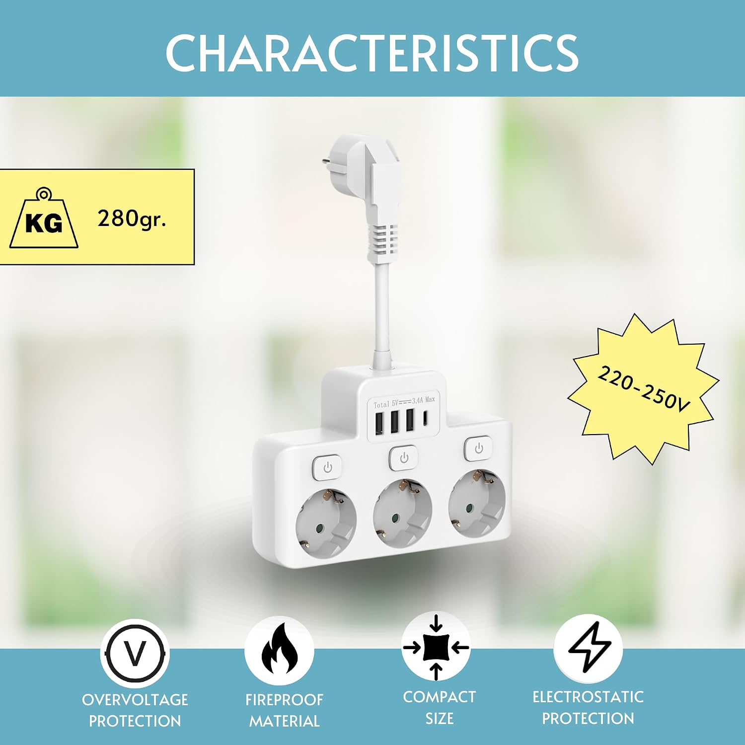 Detalle de MAGIC SELECT grenuttag med 3 uttag, individuella brytare och USB-C