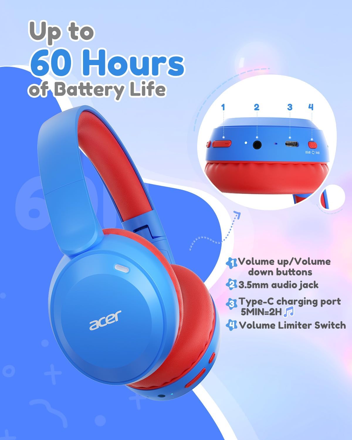 Thumbnail 6 de Acer OHR668(BR) Kids Bluetooth Headphones, 85/94 dB Limit, 60-Hour Playtime