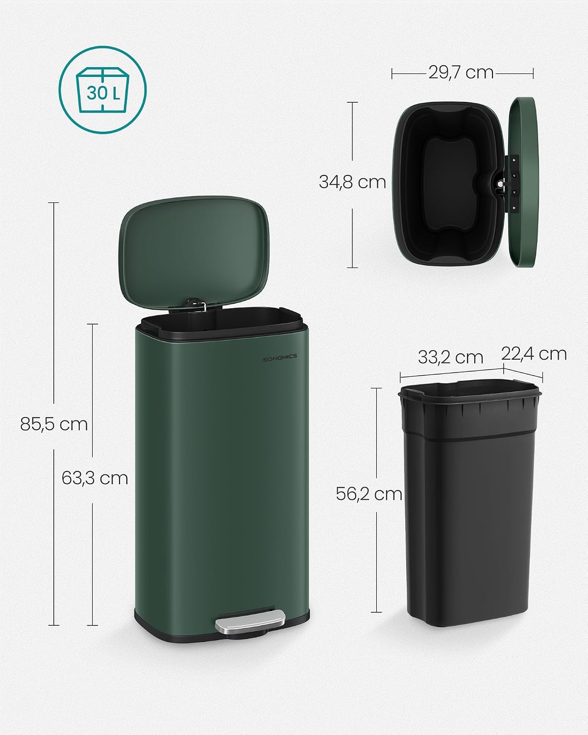 Thumbnail 4 de SONGMICS Mülleimer Küche 30 Liter – Treteimer mit Deckel, Softclose, Stahl, Inneneimer, Vintagegrün (LTB003C02)