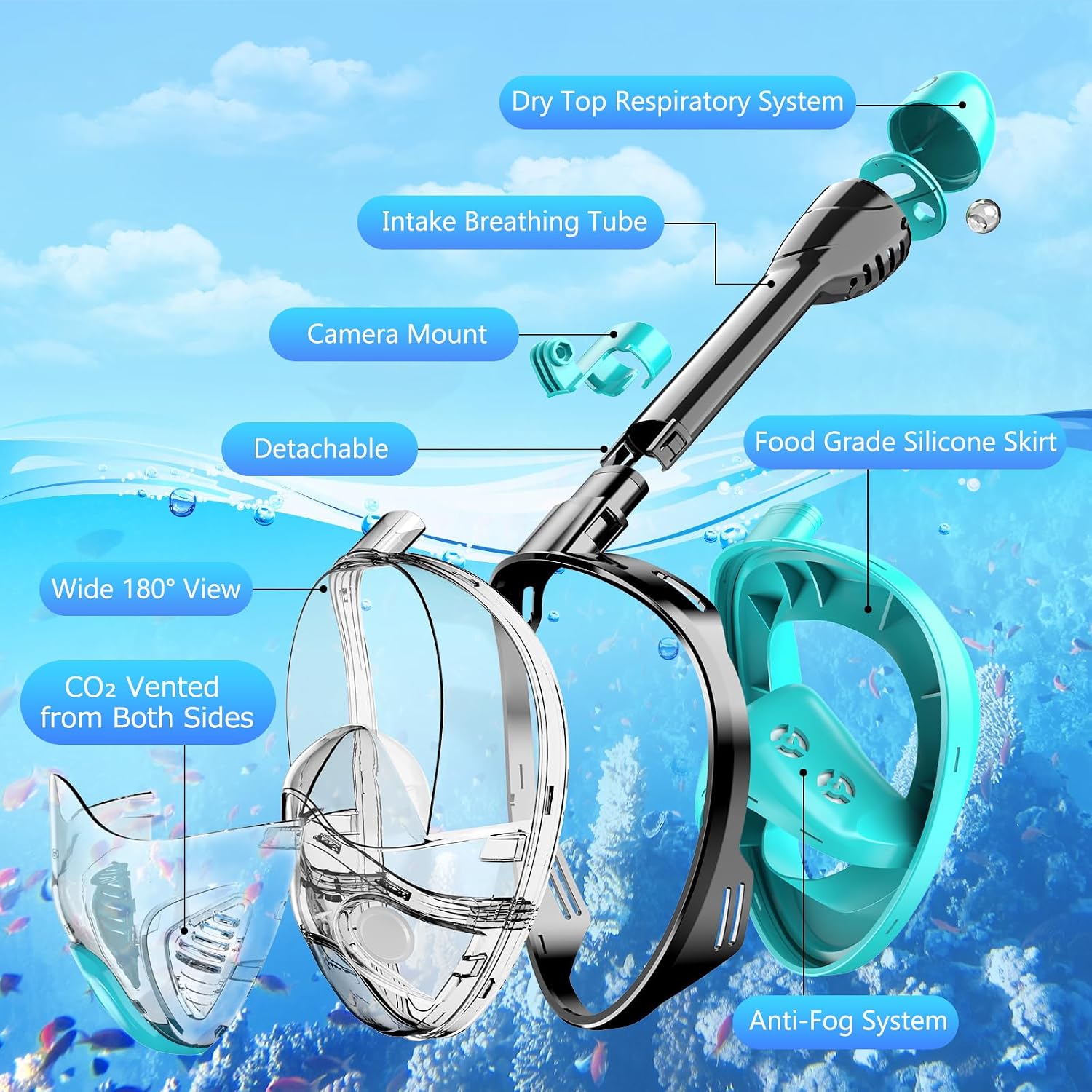 Thumbnail 2 de Full Face Snorkel Mask for Adults & Teens with 180° View and Detachable Camera Mount