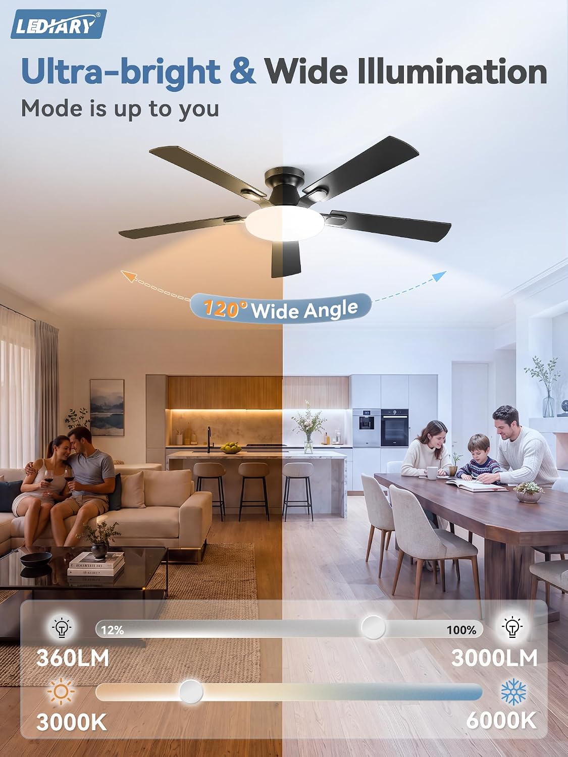Thumbnail 1 de LEDIARY 52 Inch Flush Mount Ceiling Fan with Lights, Remote & APP Control