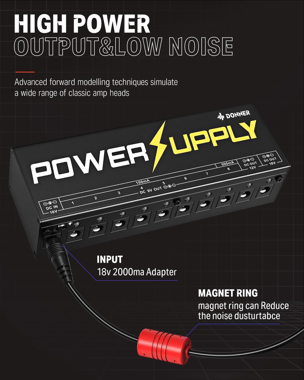 Detalle de Donner DP-1 AS2401A Guitar Pedal Power Supply, 10 Isolated Outputs