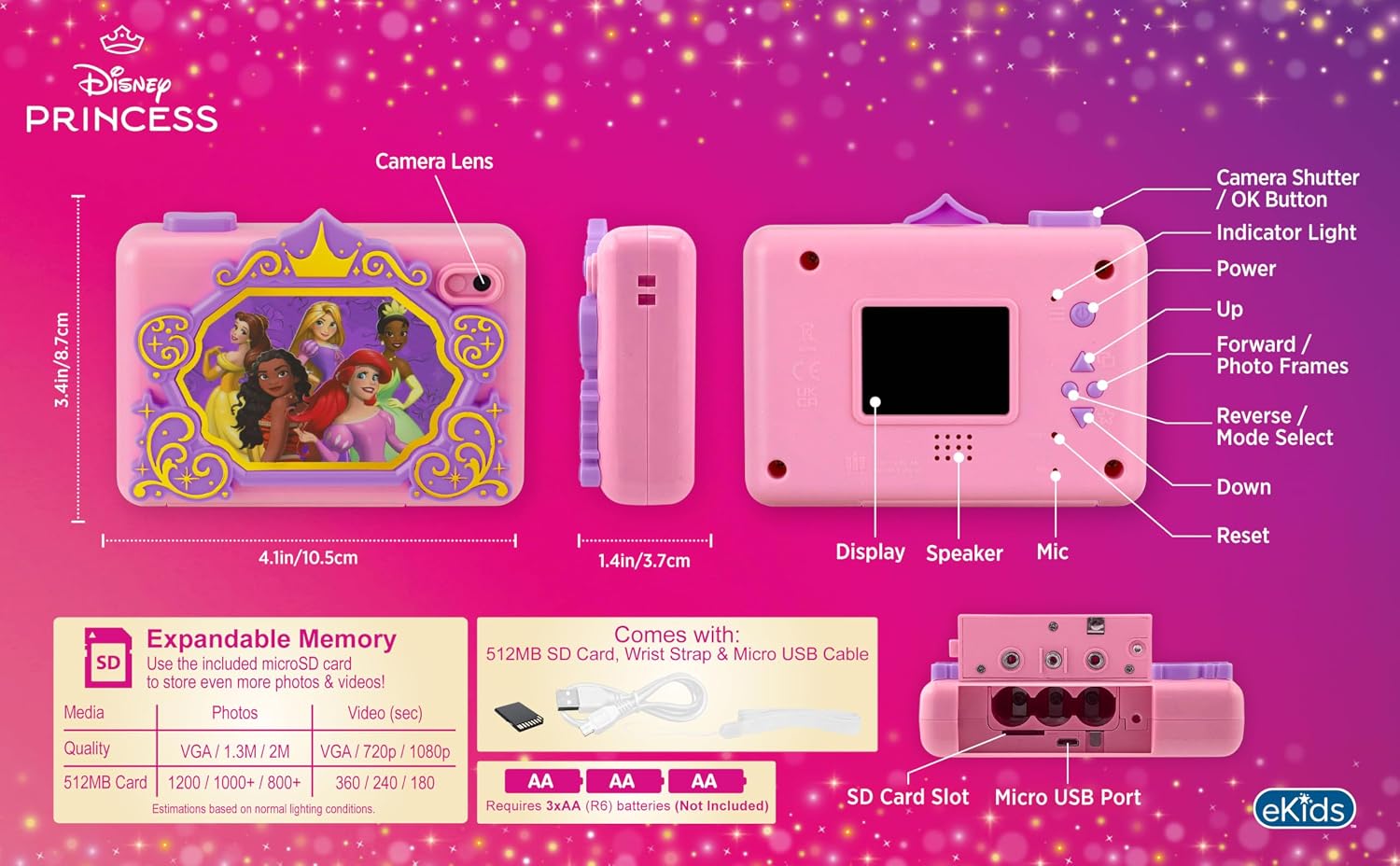 Detalle de eKids 533 ディズニープリンセス キッズデジタルカメラ、動画撮影・2インチ画面・SDカード付き