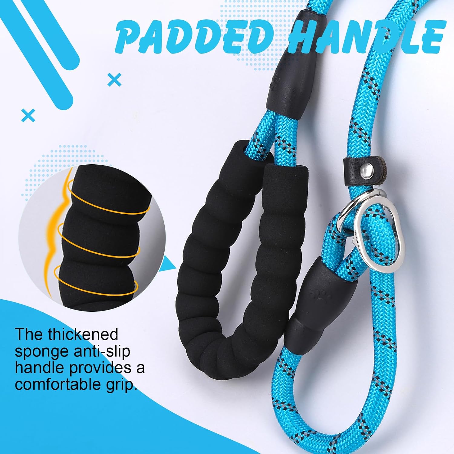 Detalle de EXPAWLORER 2m Slip Lead for Dogs (Anti-Pull, Anti-Choking) with Padded Handle and Reflective Rope – Blue