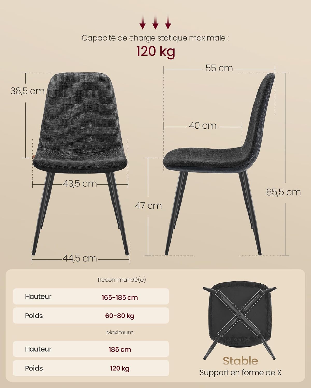 Detalle de VASAGLE Chaises de Salle à Manger — Lot de 4, Structure Métallique, Tissu Chenille et PU Glacé, Gris Ardoise (KDC188G01)