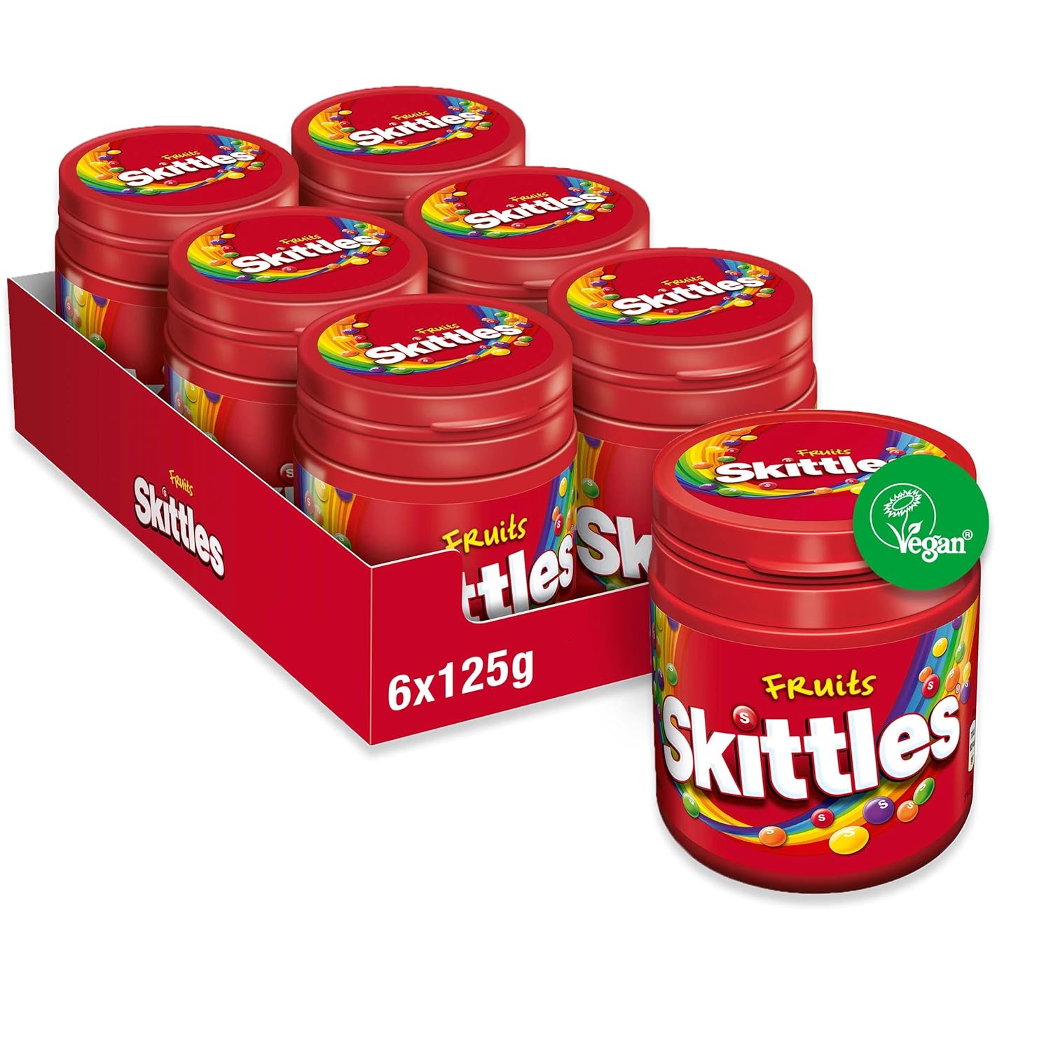 Detalle de Skittles Fruits Kaubonbons – vegane Fruchtmischung aus Ananas, Mandarine, Kirsche und weiteren Aromen, 6 Dosen (6 x 125 g)