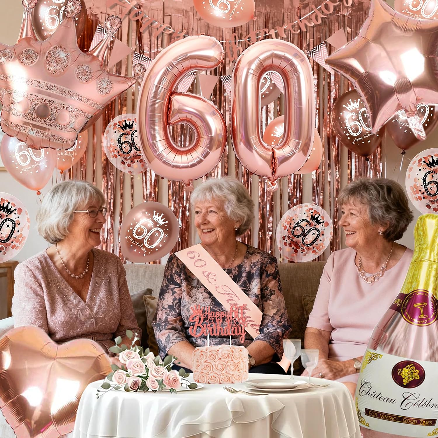 Thumbnail 1 de VICTERR Rose Gold 60th Birthday Decoration Set (Happy 60th Birthday banner, number 60 balloons & foil curtains)