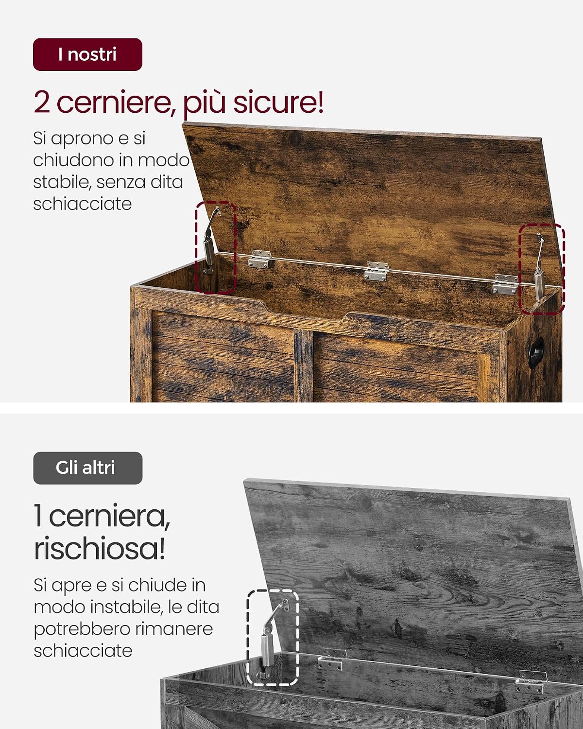 Detalle de VASAGLE cassapanca LSB061T01 con pouf portaoggetti e scarpiera, con 2 cerniere di sicurezza