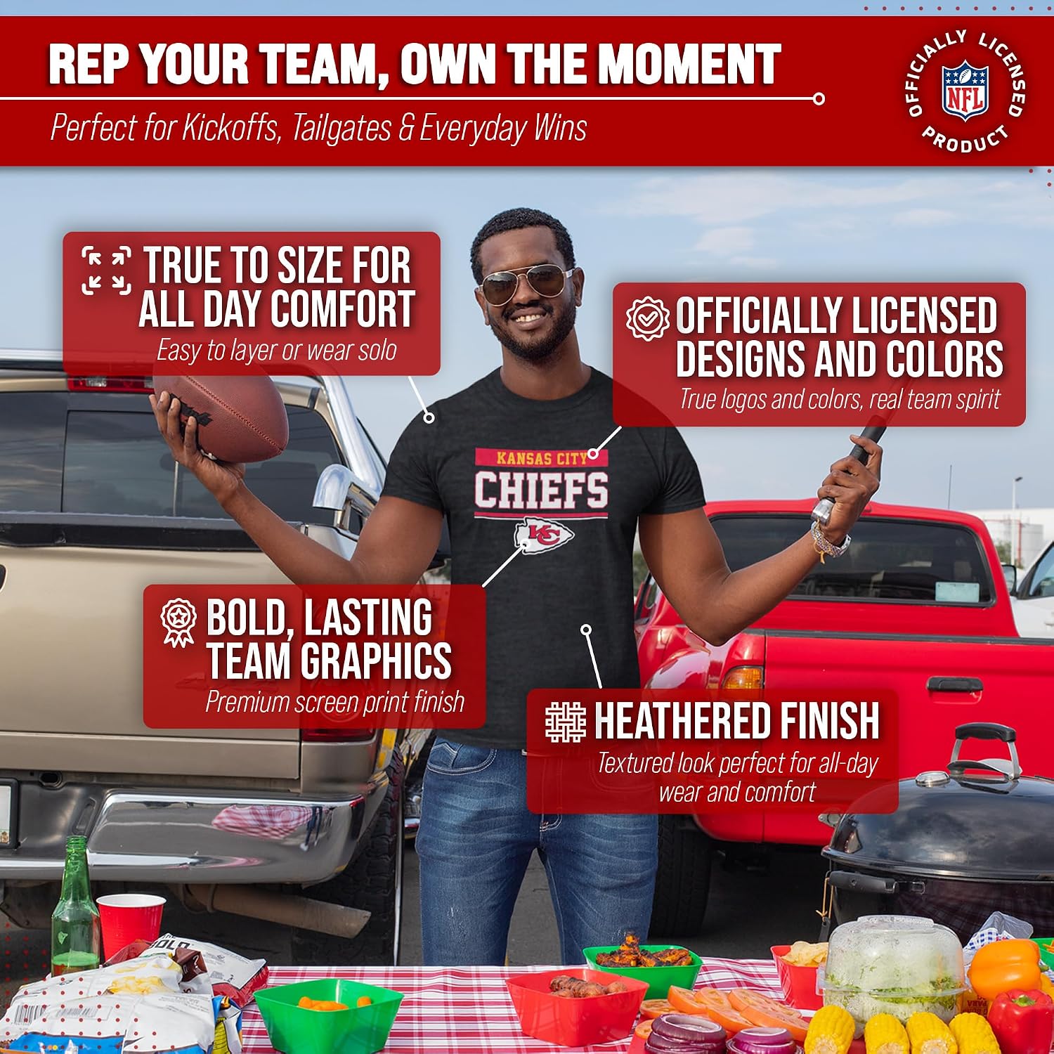 Detalle 2 de Team Fan Apparel 3001_teamblk Chiefs T-Shirt, Charcoal, Tagless Cotton Blend