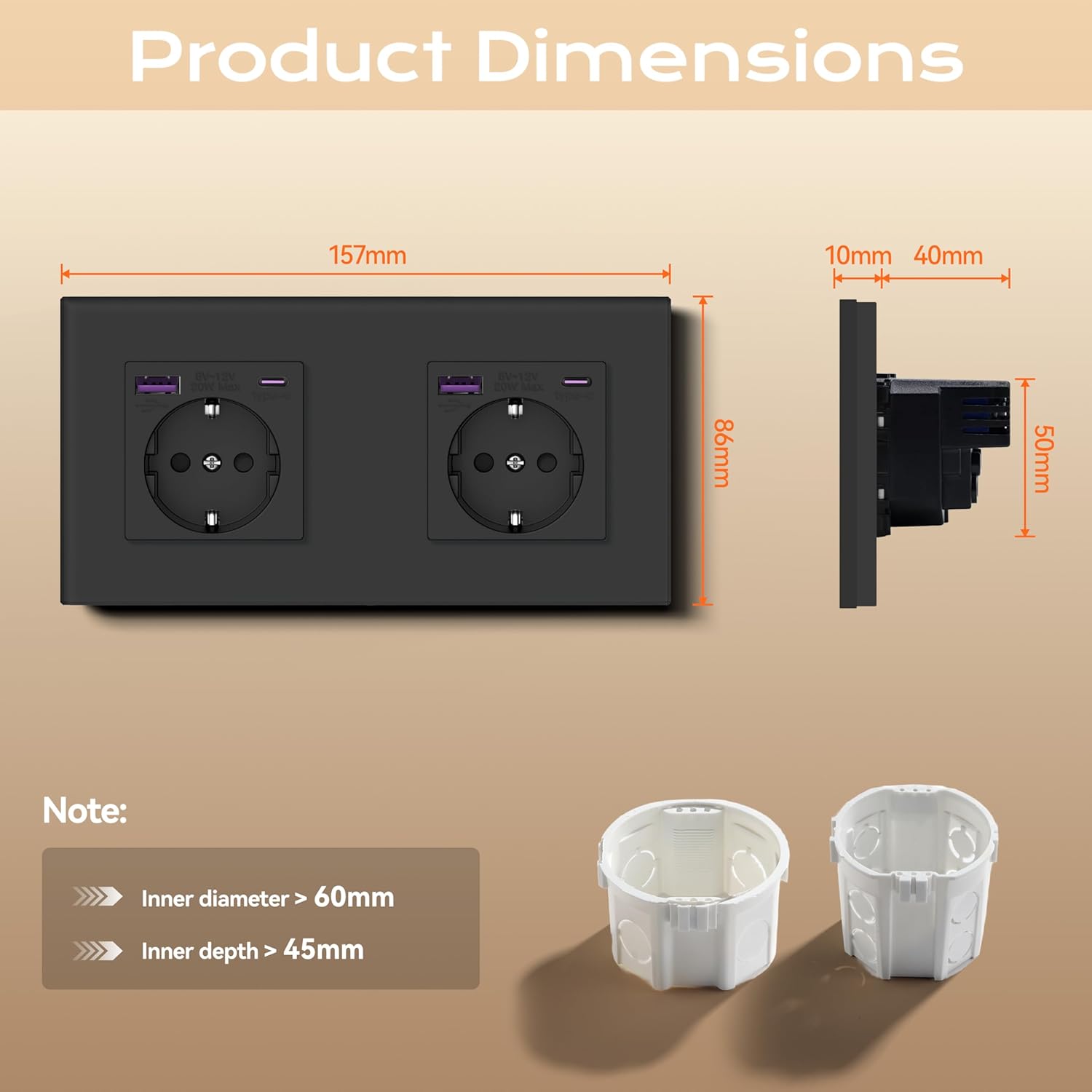 Detalle de BSEED Glas-Wandsteckdose mit 20W USB‑C – 3-in-1 Unterputz-Ladestation, 2er, Schwarz