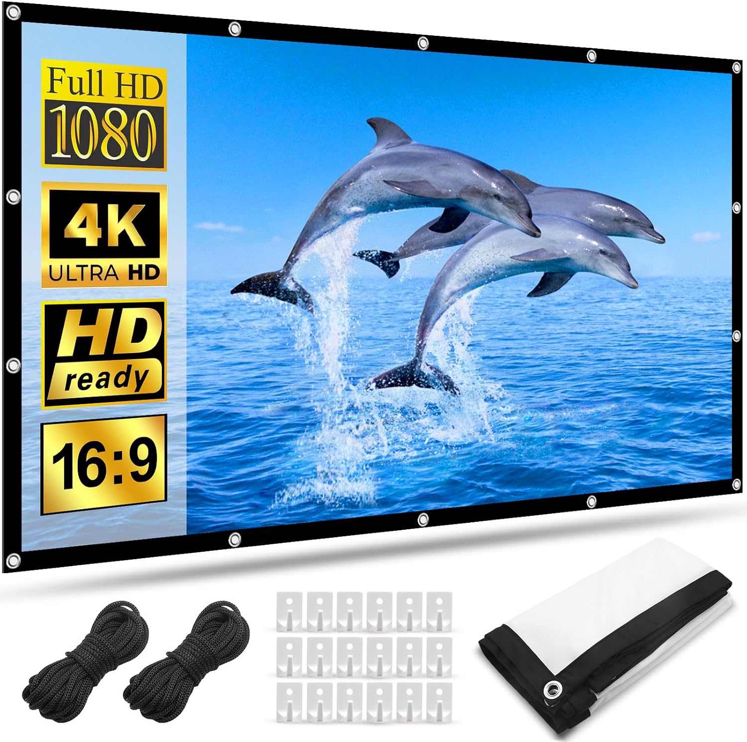 120 Zoll Front- und Rückprojektor-Leinwand (Haken & Seile) – faltbare 16:9 Filmleinwand für Beamer