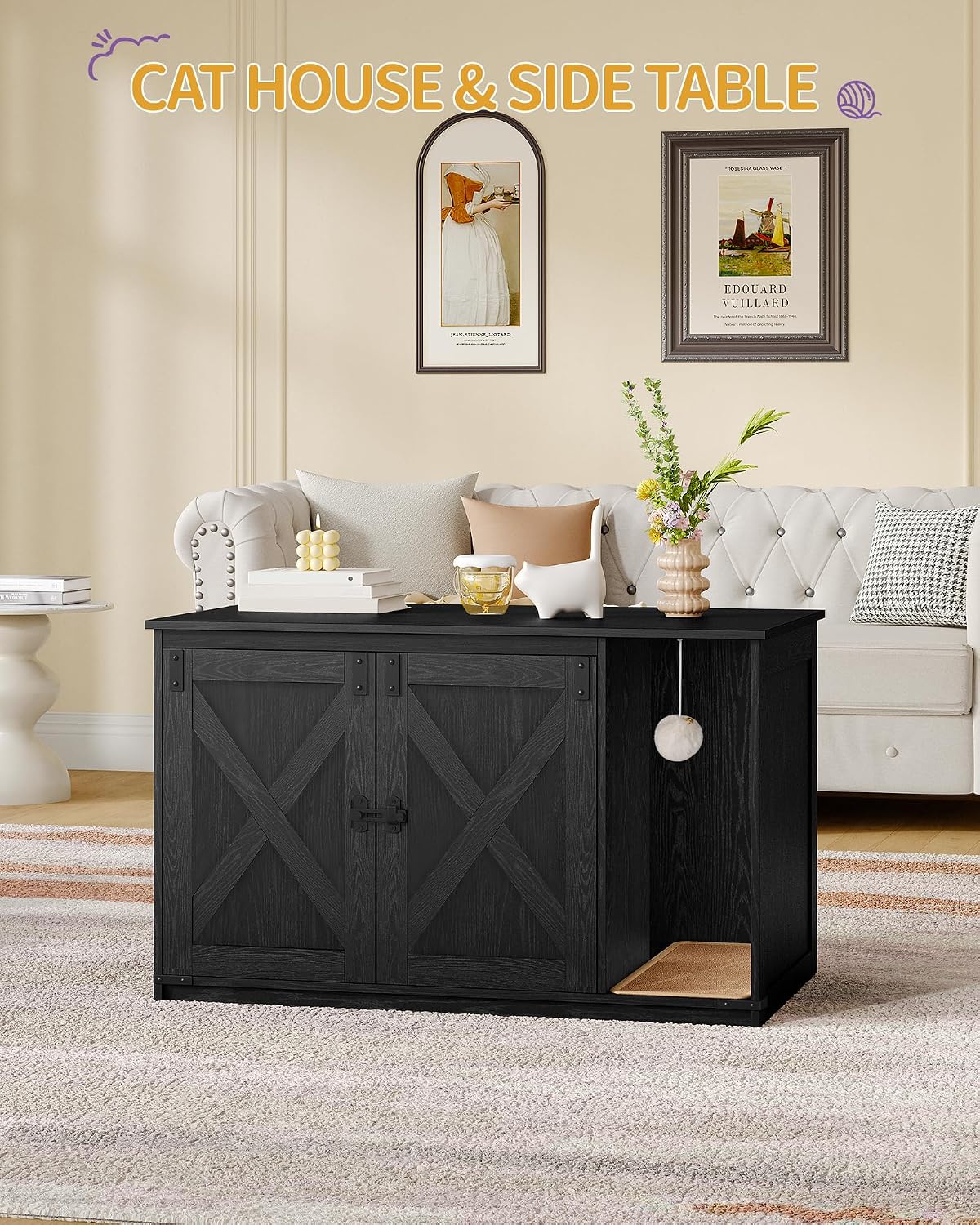 Detalle 2 de Hzuaneri CB85204X Cat Litter Box Enclosure, Black Farmhouse Cabinet