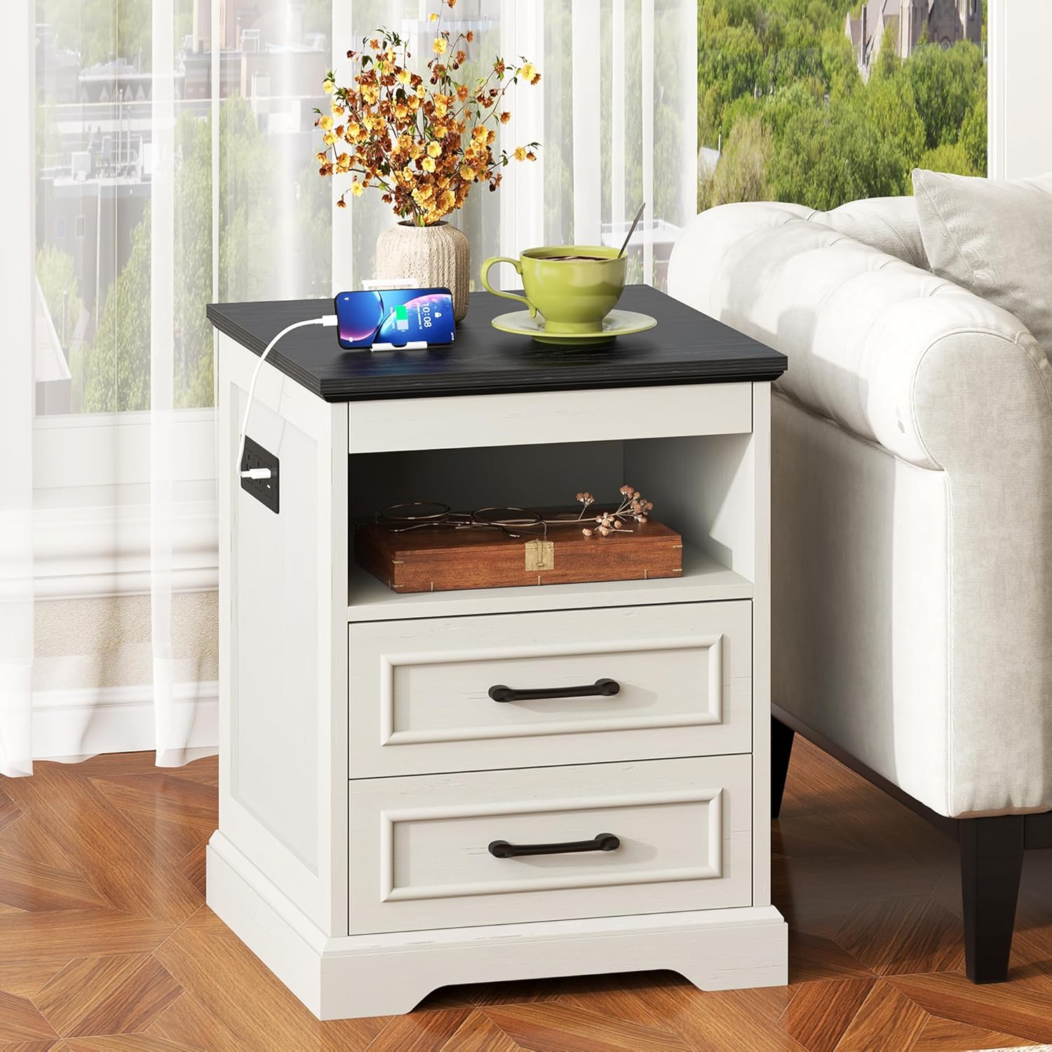Thumbnail 1 de Yusong Nightstands Farmhouse Bedside Table with Charging Station and 2 Drawers