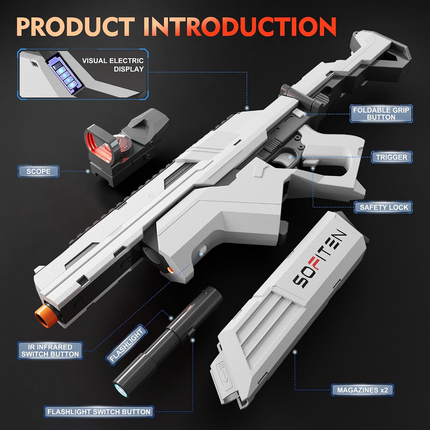 Detalle 1 de SOFITEN Automatic Foam Dart Blaster with Flashlight, Foldable Stock and Vest