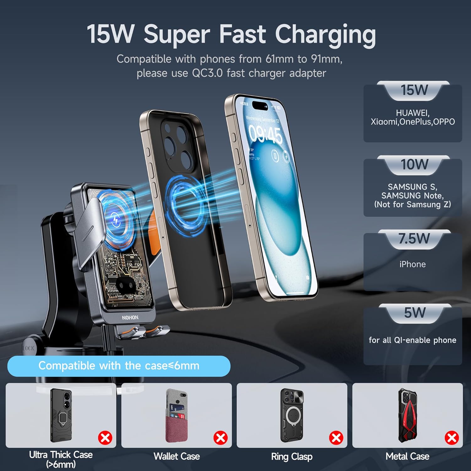Thumbnail 5 de NOHON 15W Caricatore Wireless Auto supporto