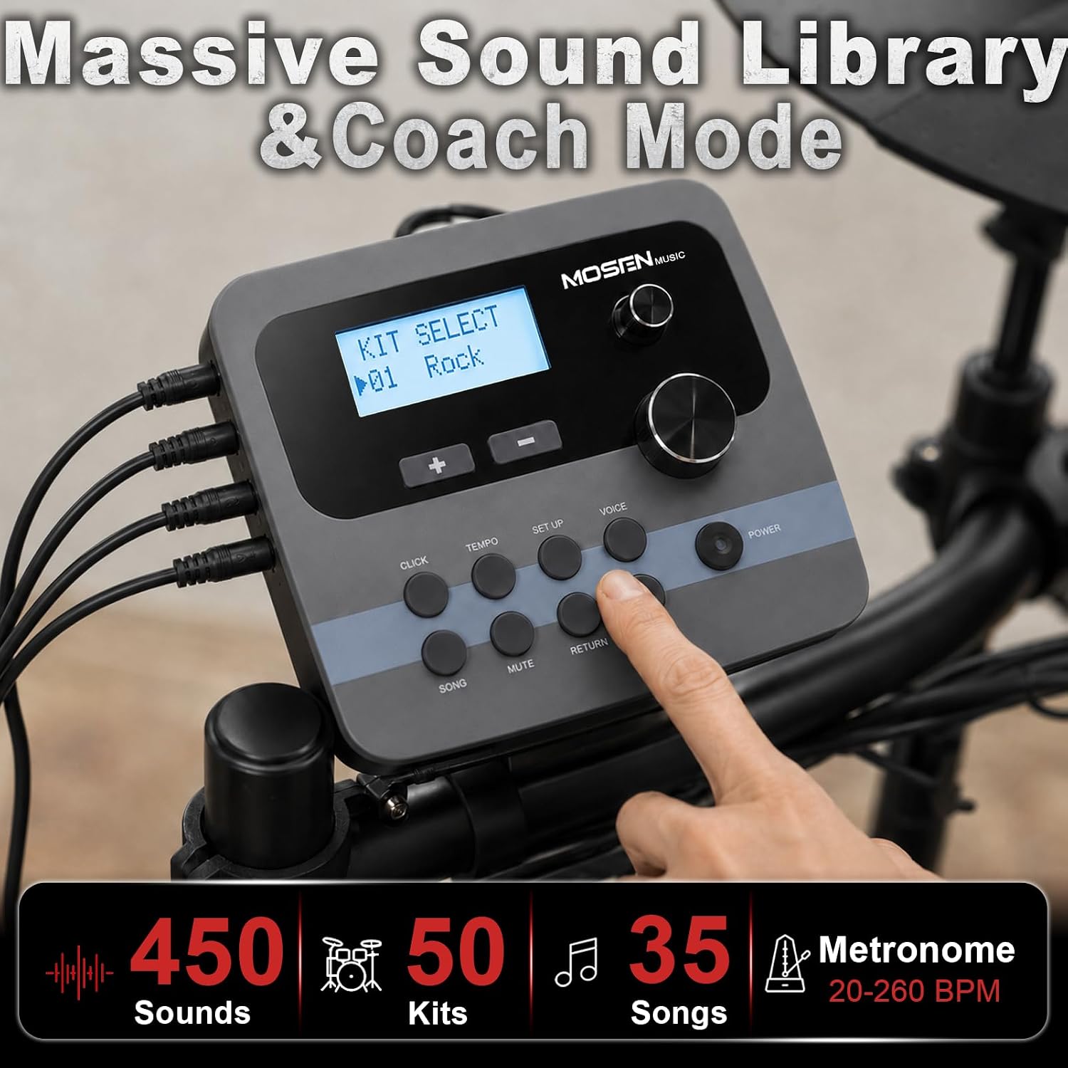 Detalle de MOSEN UMED Electronic Drum Set, 450 Sounds, 50 Kits, Quiet Mesh Pads