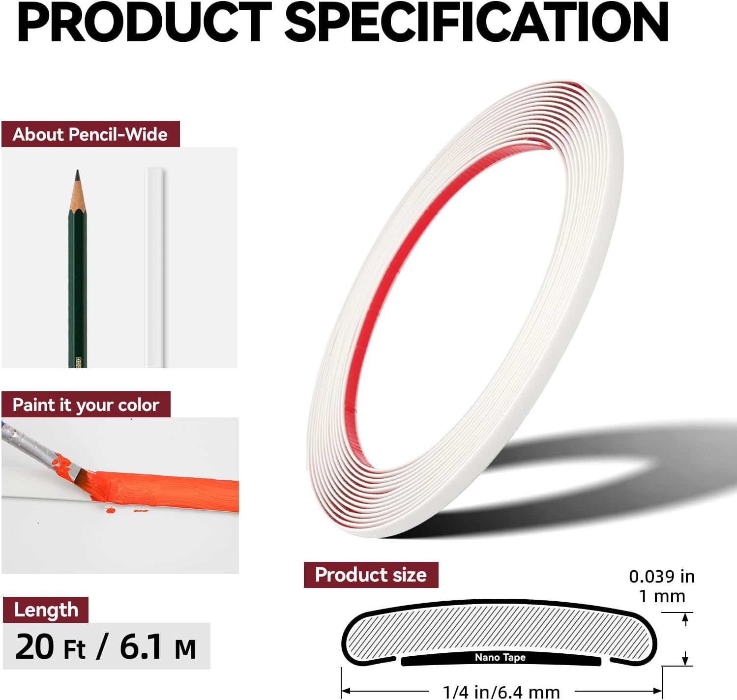 Thumbnail 3 de JSIWOTH Moulure Autocollante Flexible 6,1 m x 6 mm – Blanc, Peel and Stick