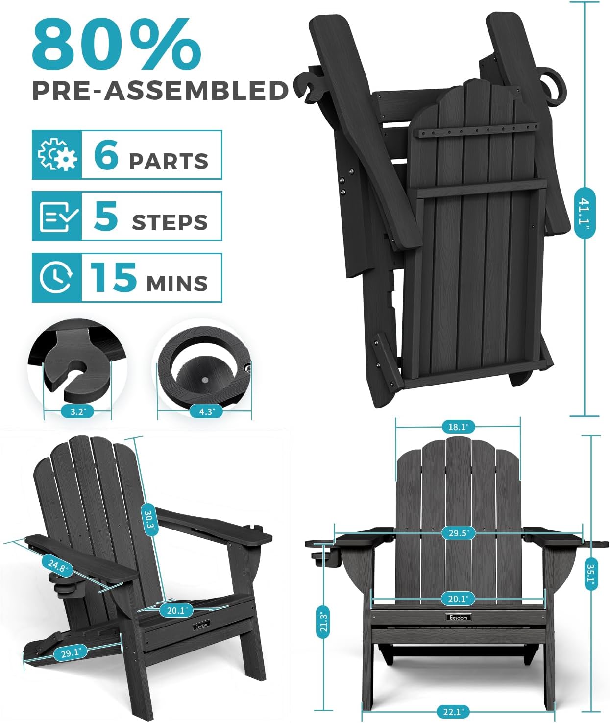 Detalle de Eesdom Folding Adirondack Chairs, Set of 4, Black with 2 Cup Holders