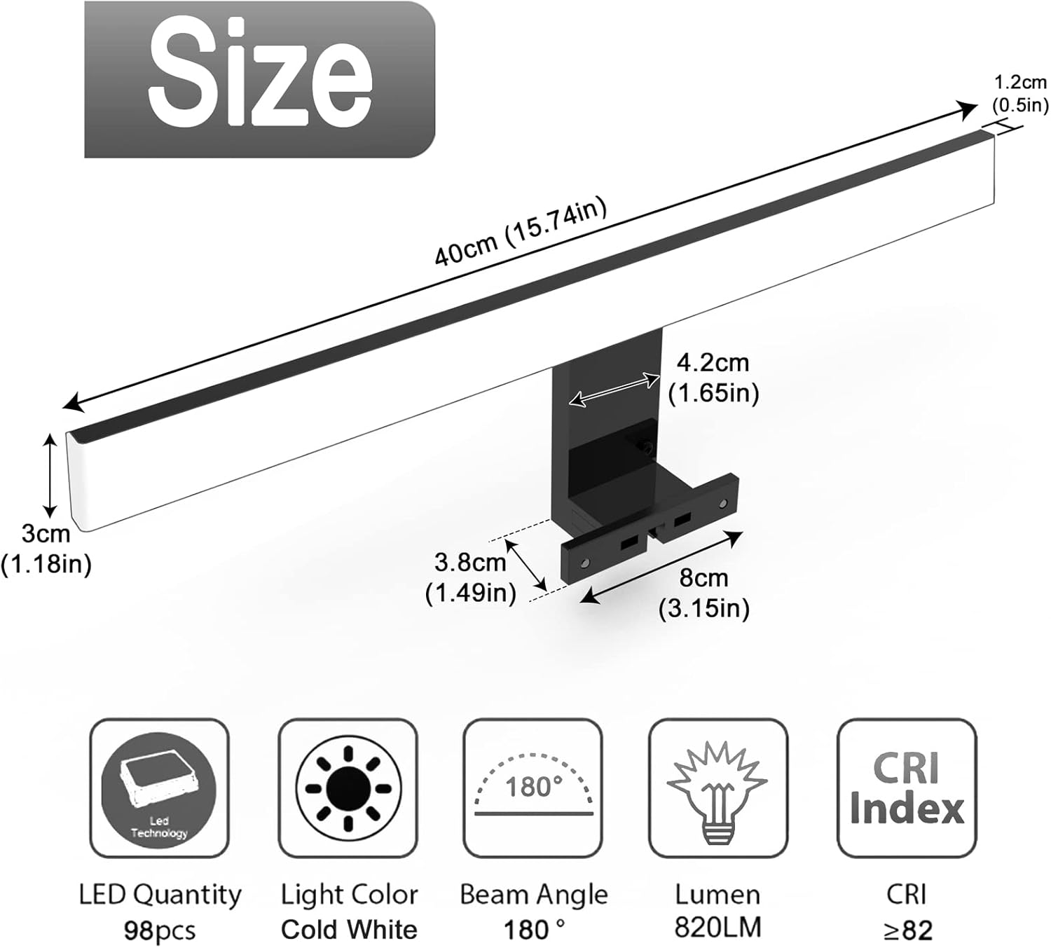 Thumbnail 2 de Azhien LED Spiegelleuchte 10W 820LM, 40 cm – 6500K kaltes Weiß, 3-in-1 Befestigung