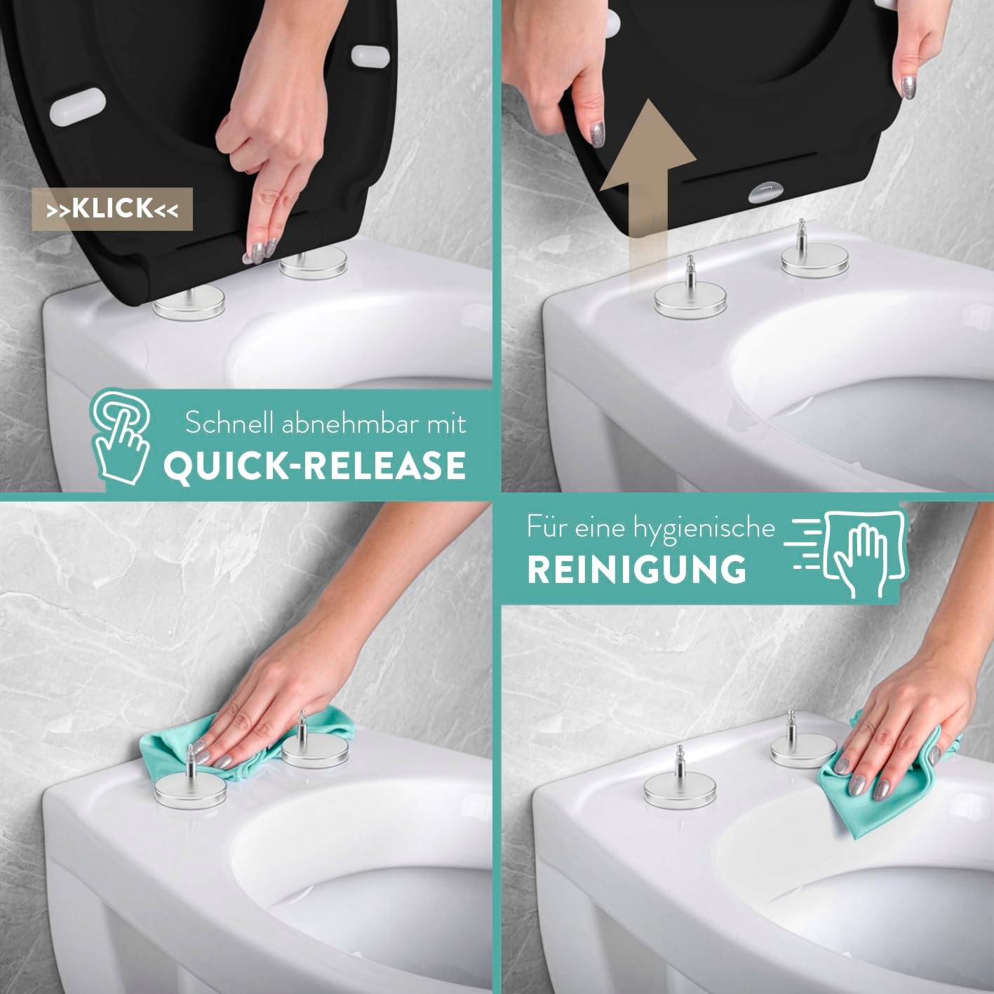 Thumbnail 3 de BENKSTEIN Premium Toilettendeckel antibakteriell oval schwarz – Duroplast, Quick-Release & Softclose
