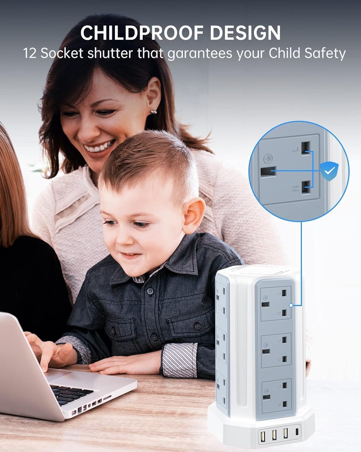 Thumbnail 5 de Tower Extension Lead 3M, Aodeng 12-Way Tower Extension with 4 USB Ports and Surge Protection