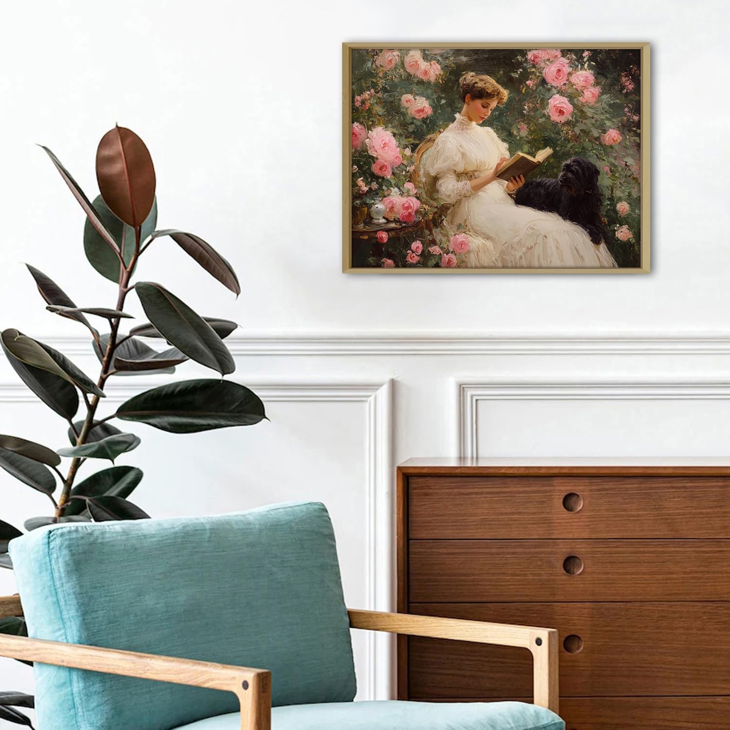 Detalle 2 de Vintage Framed Wall Art: Woman Reading Book Portraits in Rose Garden (30x40cm)