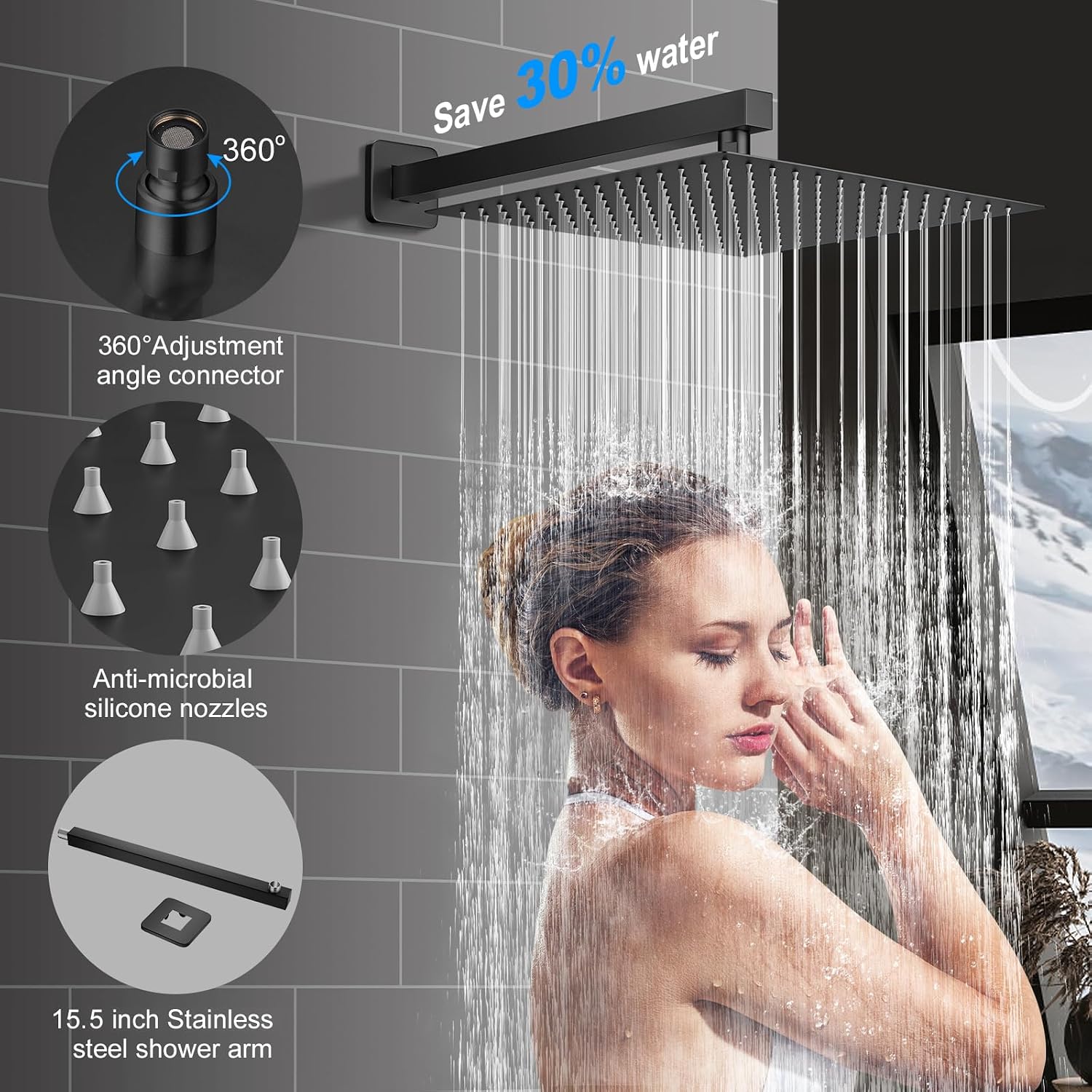 Detalle 2 de ZETETA 12-Inch Matte Black Shower Faucet Set with Rain Head and 2-in-1 Handheld Spray