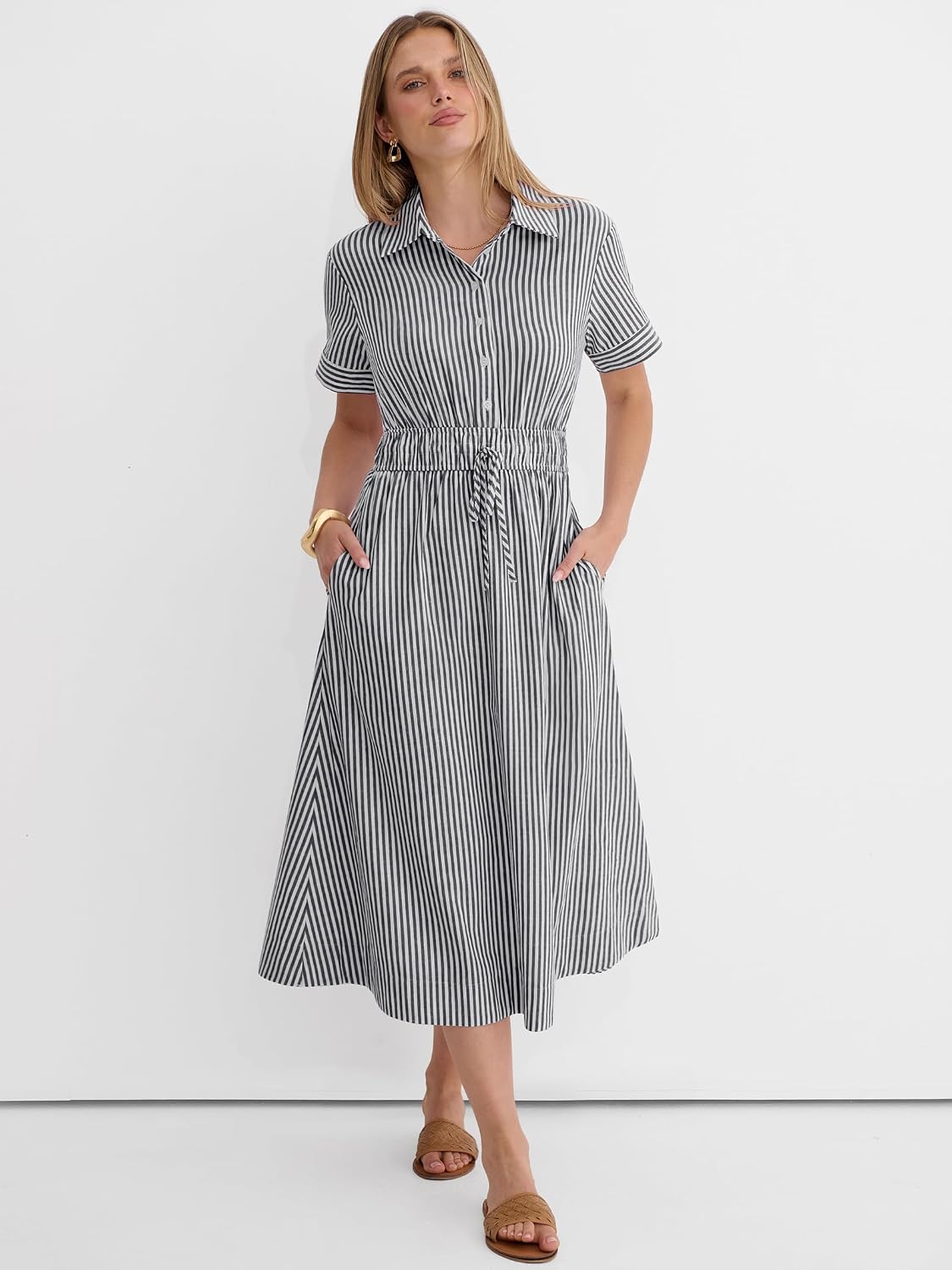 Detalle 2 de ANRABESS Women Summer Short Sleeve Midi Dress: Striped & Gingham, Casual A-Line Shirt Dress