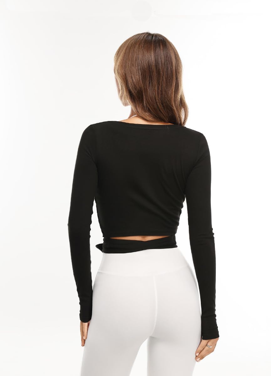 Detalle de Danysu V-Neck Ballet Wrap Top for Women, Long Sleeves and Tie Details
