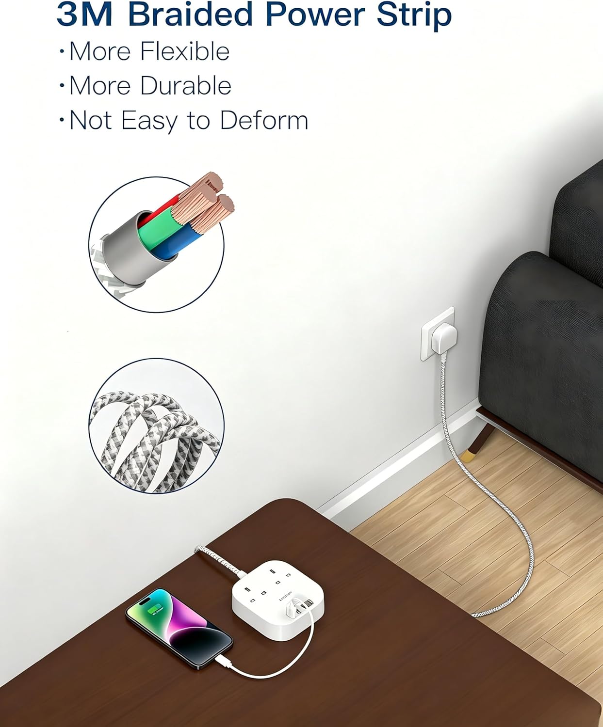 Thumbnail 2 de Addtam 3M Braided Extension Lead with Surge Protection: 2 AC outlets and 4 USB ports