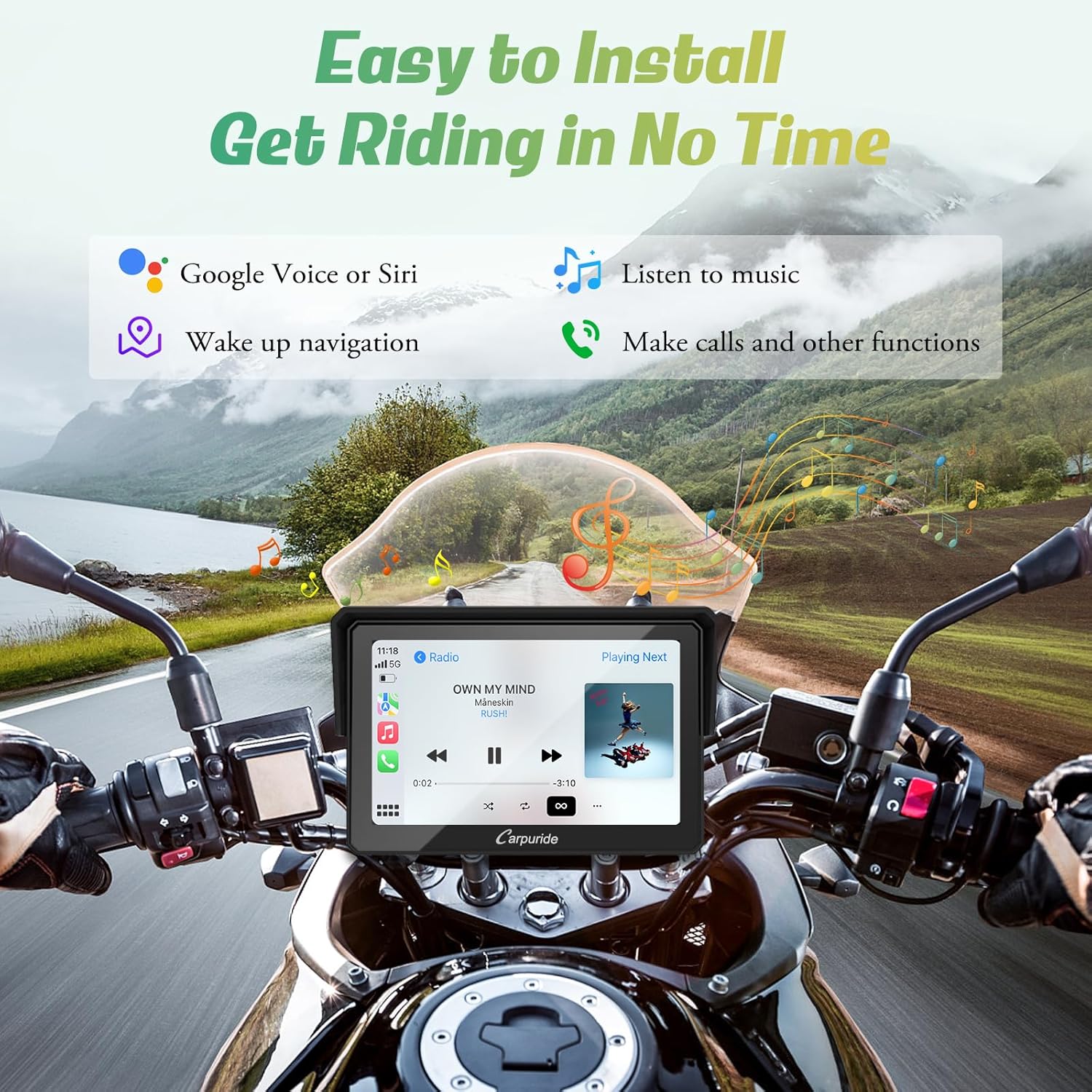 Detalle 2 de Carpuride W502: 5" IP67 Waterproof CarPlay & Android Auto Portable Motorcycle Stereo