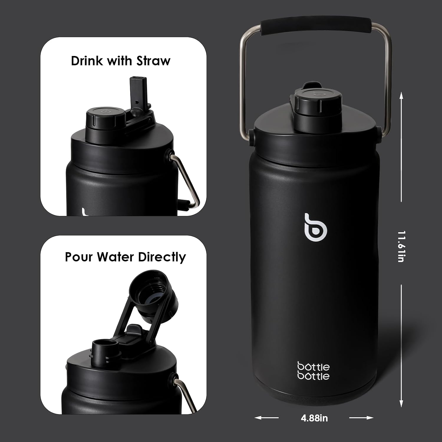 Thumbnail 3 de Bottle Bottle 2L Insulated Water Bottle (Half Gallon) with Straw, Dual-use Lid and Handle – Vacuum Stainless Steel Jug